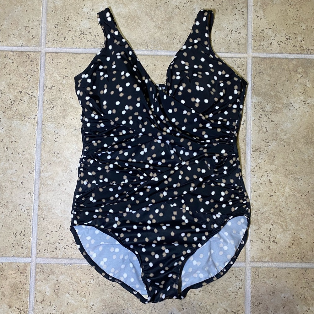 EUC Trimshaper Ruched Crossover Polka Dot Slimming Shaper One Piece